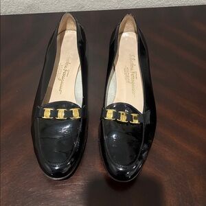 Salvatore Ferragamo Black Patent Leather Loafers with Gold Buckle